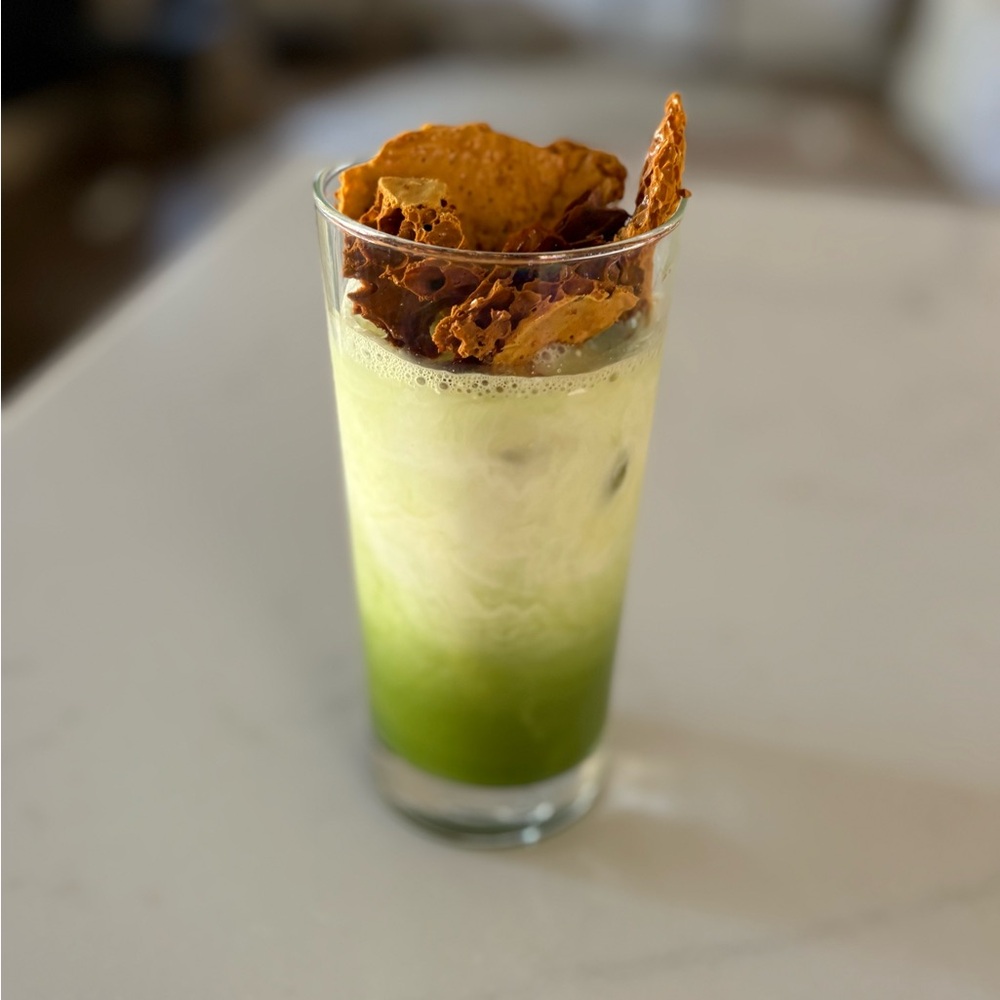 Glass-Green Iced Matcha Latte with Honeycomb Topping
